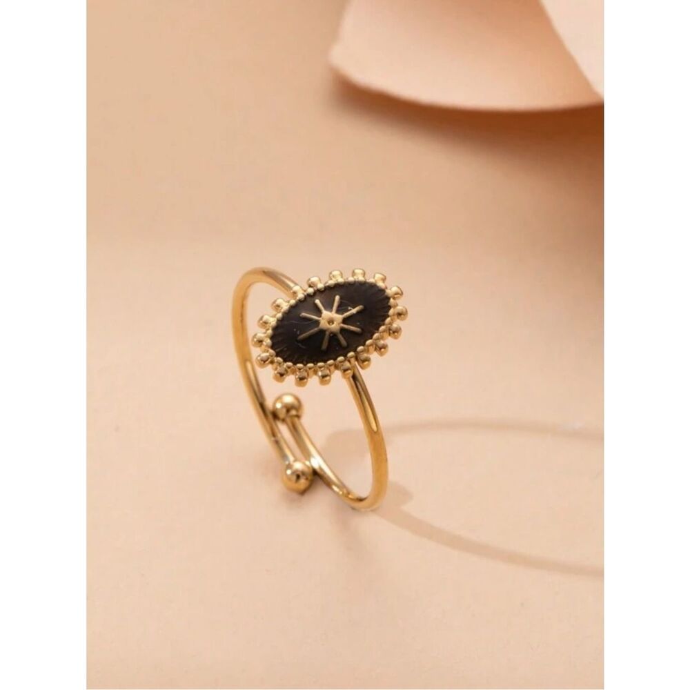 Stainless steel Gold and Black Starburst Adjustable Ring R 585